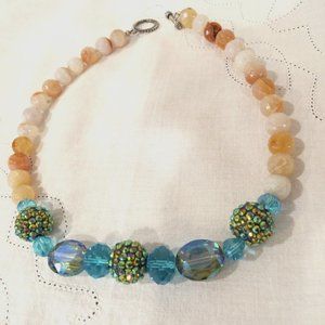 Peach Snakeskin Agate & Blue Glass Beaded Necklace 9" Drop